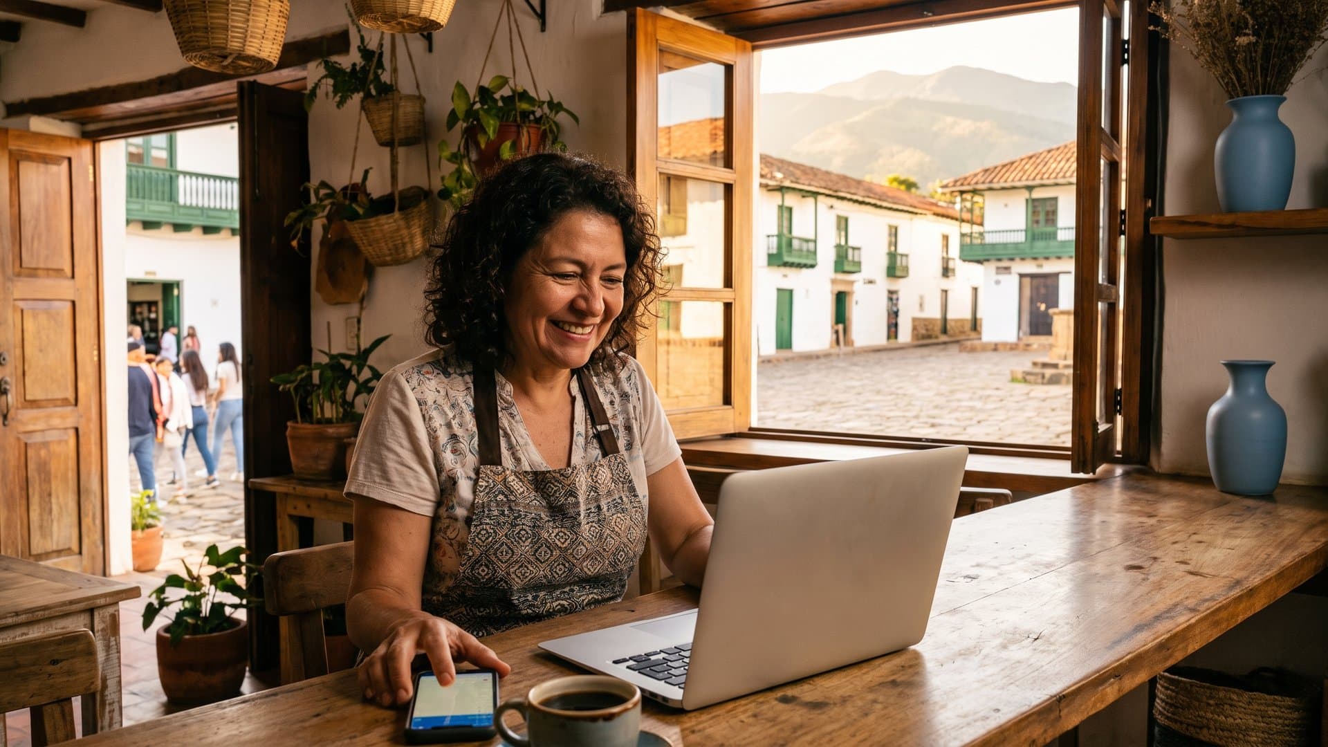 Dueña de un café configurando todo en el portátil mientras su celular se ilumina en el mostrador