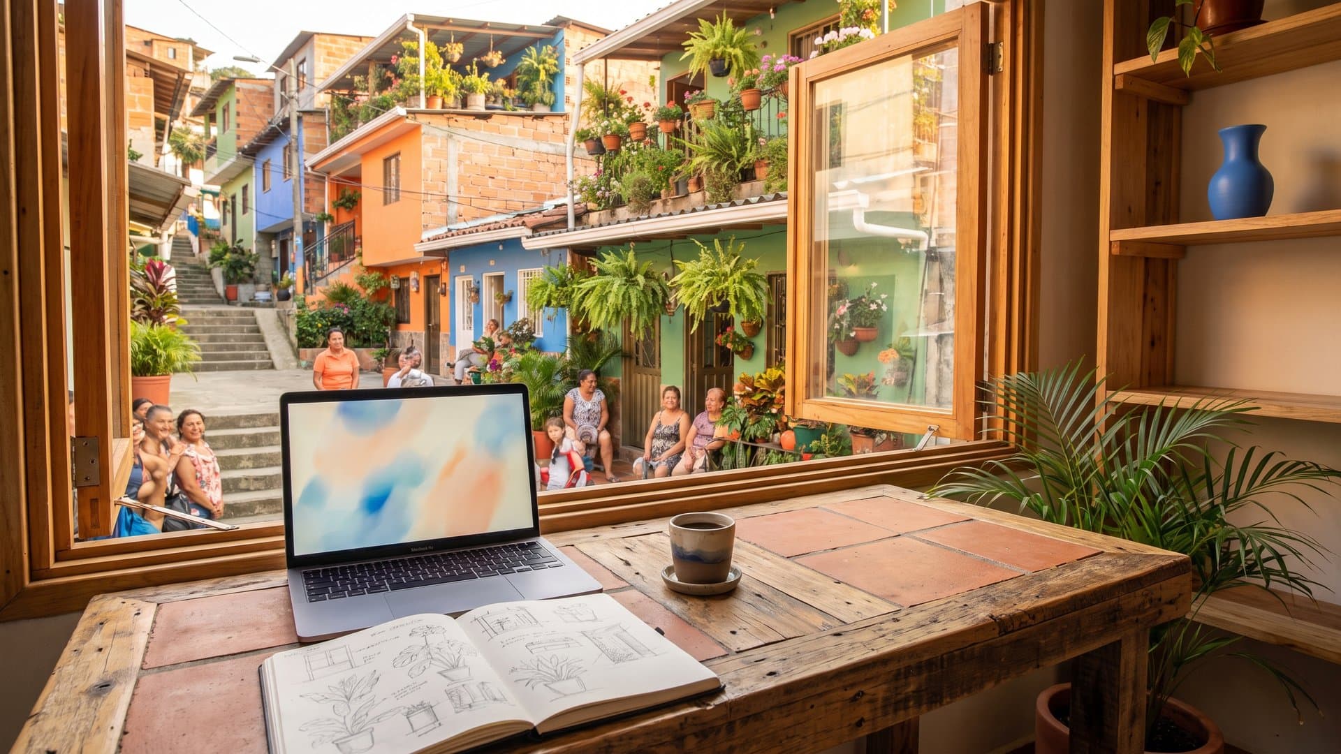Rincón de oficina tranquilo con portátil, cuaderno y un café junto a una ventana de madera
