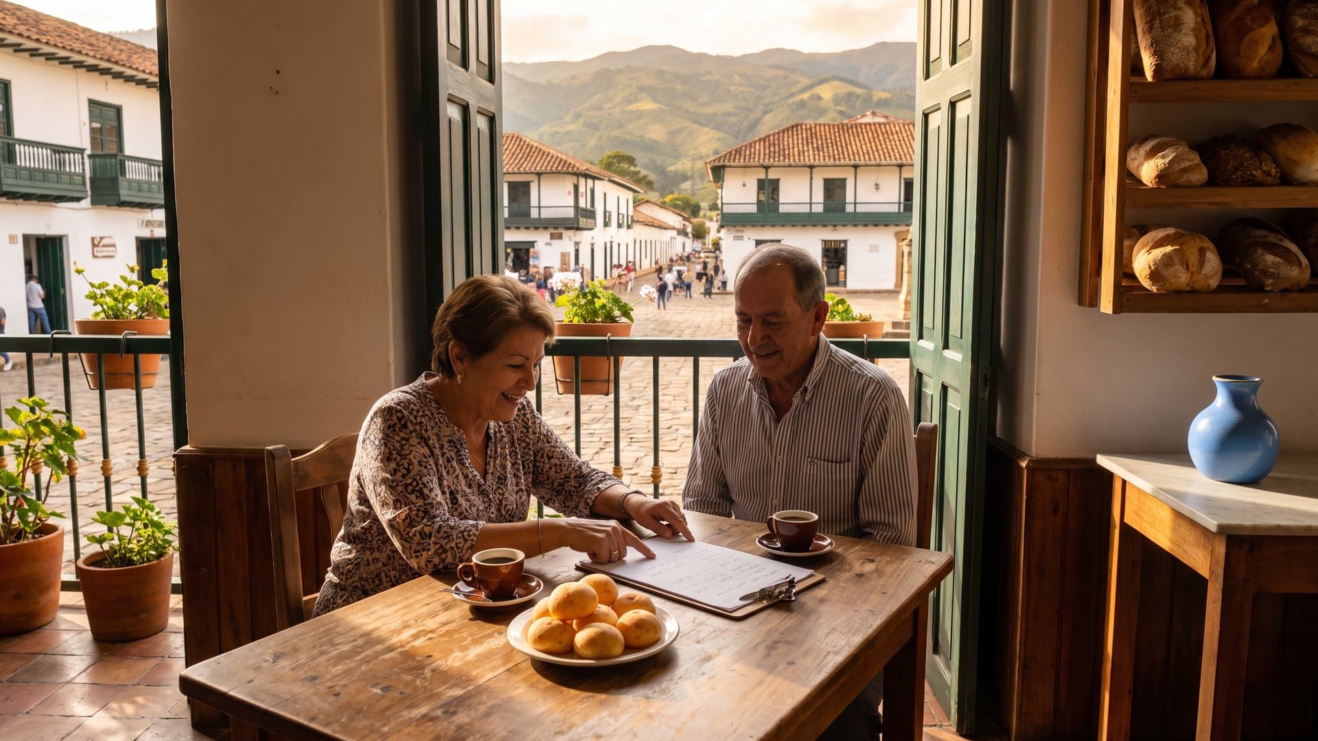 Pareja dueña de una panadería revisando un plan sencillo con un café