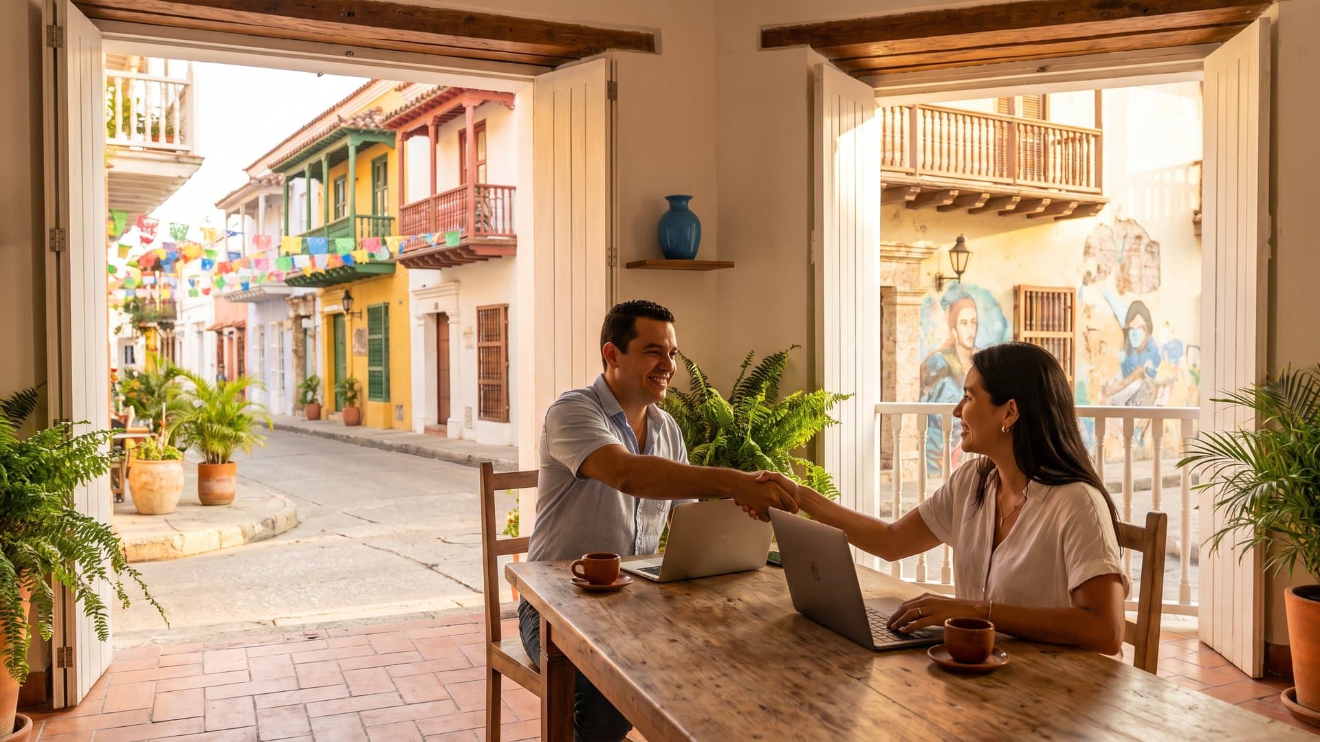 Dos dueños de negocio dándose la mano en un coworking dentro de una casa colonial